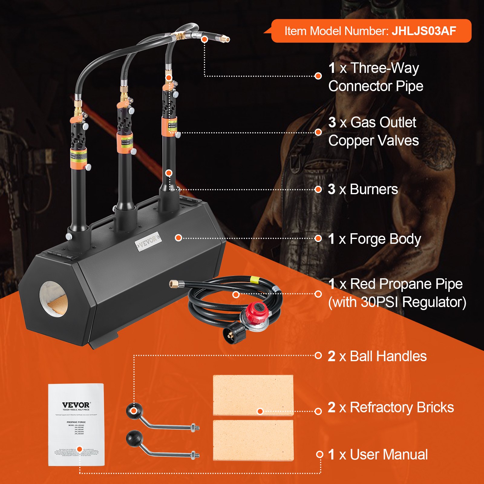 VEVOR Portable Propane Forge, 3 Burner Farrier Forge, 2600℉ Tool and Knife Making Blacksmithing Gas Forge, Large Capacity Hexagon Cold-Rolled Steel Gas Forging Tools and Equipment for Metal Forging