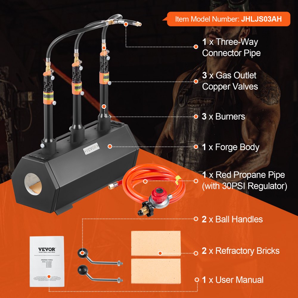 VEVOR Portable Propane Forge, 3 Burner Farrier Forge, 2600℉ Tool and Knife Making Blacksmithing Gas Forge, Large Capacity Hexagon Cold-Rolled Steel Gas Forging Tools and Equipment for Metal Forging