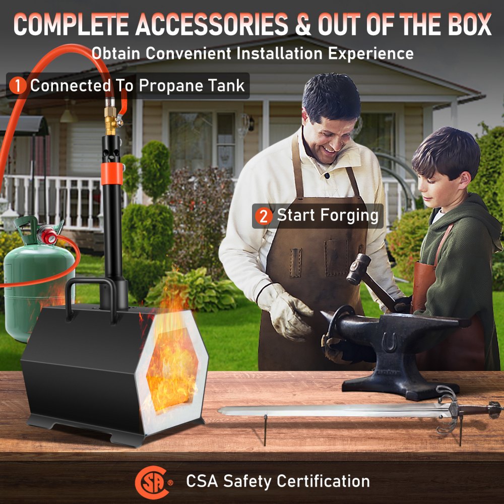 VEVOR Propane Forge Portable, Single Burner Tool and Knife Making, Large Capacity Blacksmith Farrier Forges, Mini Furnace Blacksmithing, Gas Forging Tools and Equipment, Complete Kit