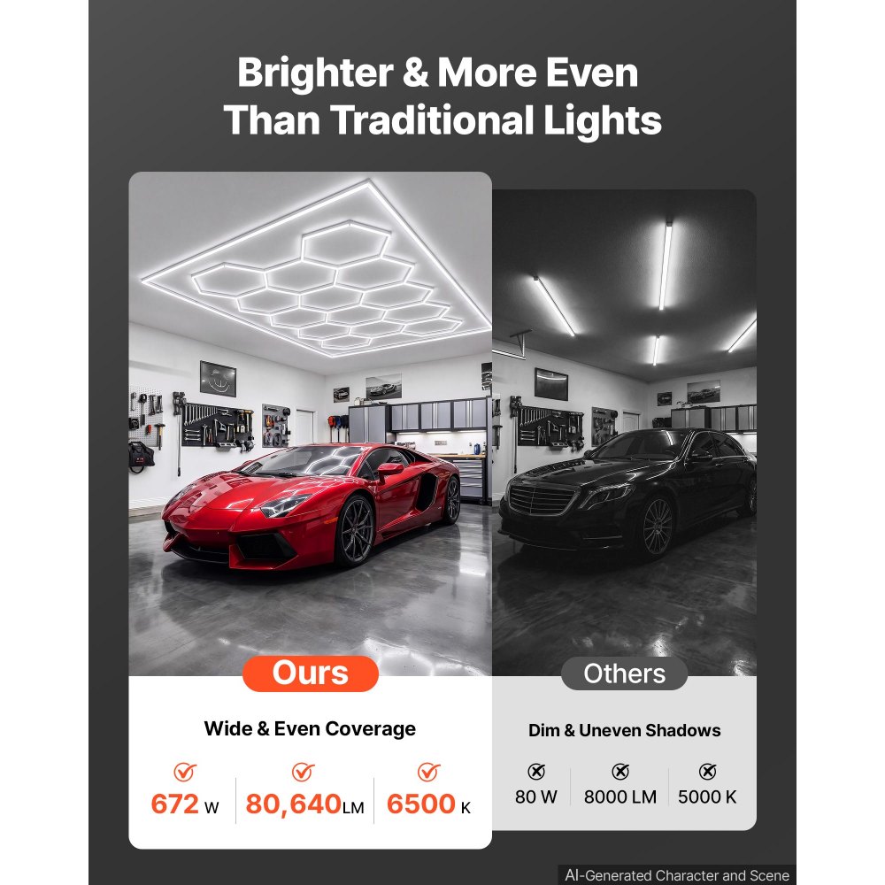 Lámparas de garaje hexagonales VEVOR 672W 80640LM 6500K Sistema de 14 rejillas LED, iluminación brillante hexagonal tipo panal para detalles de automóviles, con marco rectangular, fácil instalación, para garaje, almacén, taller, tienda, gimnasio