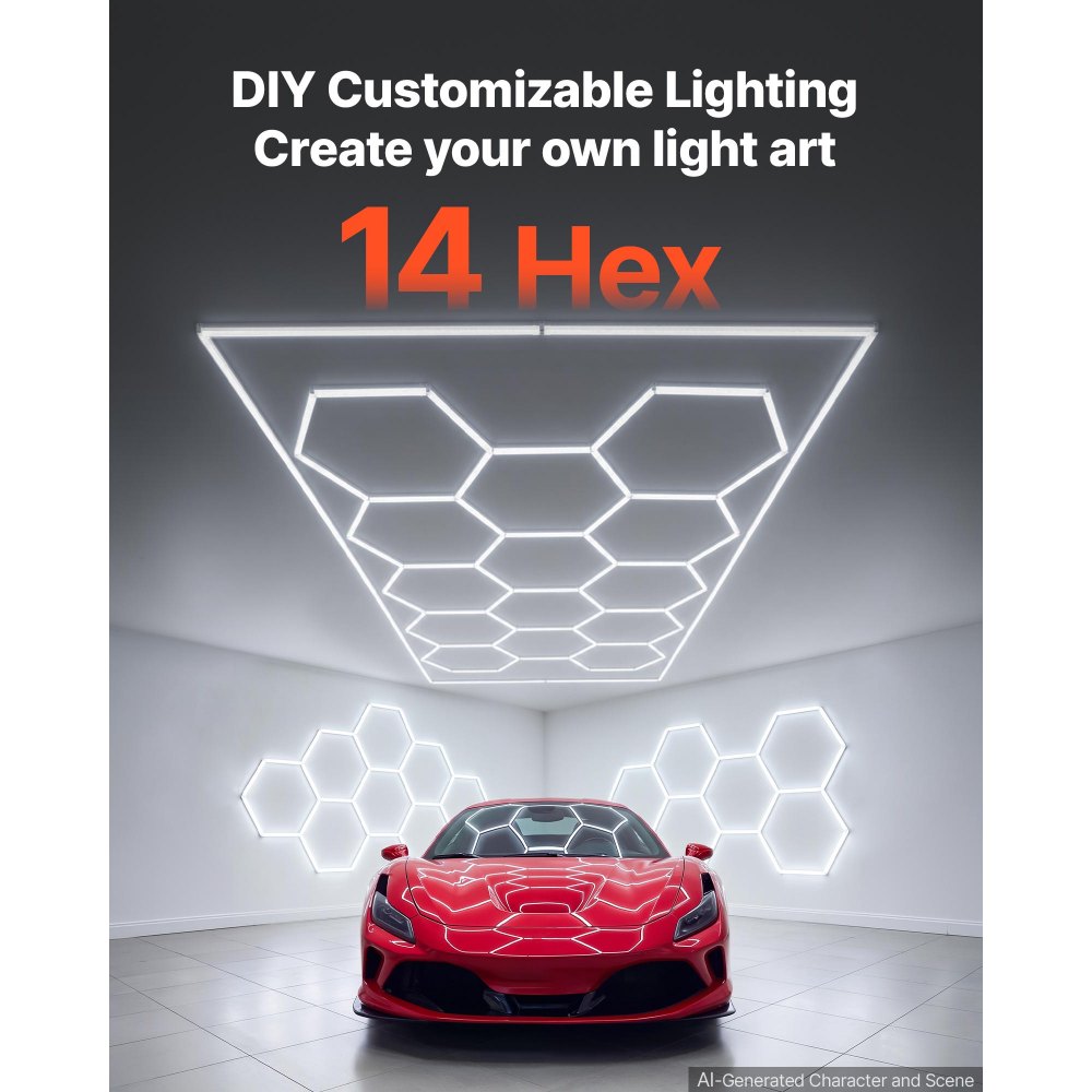 Lámparas de garaje hexagonales VEVOR 672W 80640LM 6500K Sistema de 14 rejillas LED, iluminación brillante hexagonal tipo panal para detalles de automóviles, con marco rectangular, fácil instalación, para garaje, almacén, taller, tienda, gimnasio