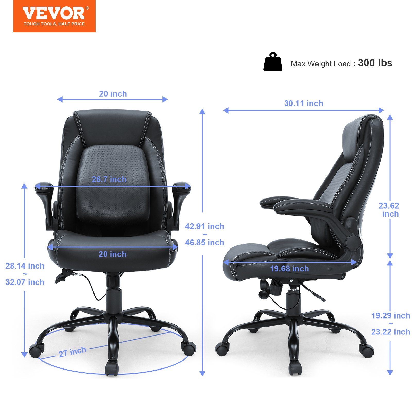 VEVOR executive office chair dimensions: 26.7&quot; backrest, 20&quot; seat, max weight: 300 lbs.