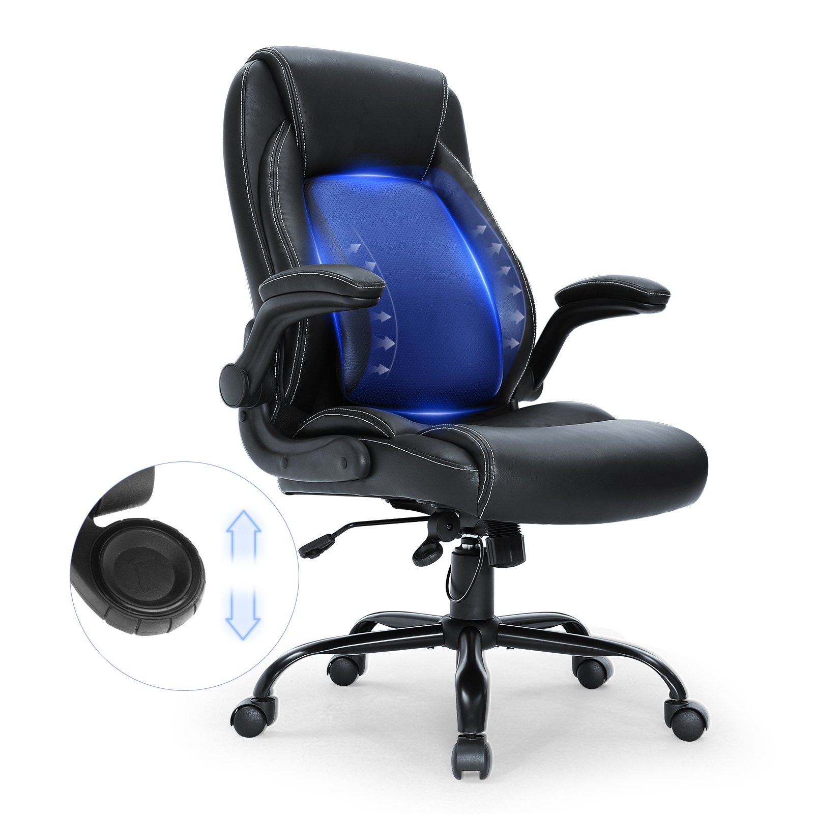 VEVOR executive office chair with adjustable height, armrests, and ergonomic blue lumbar support.