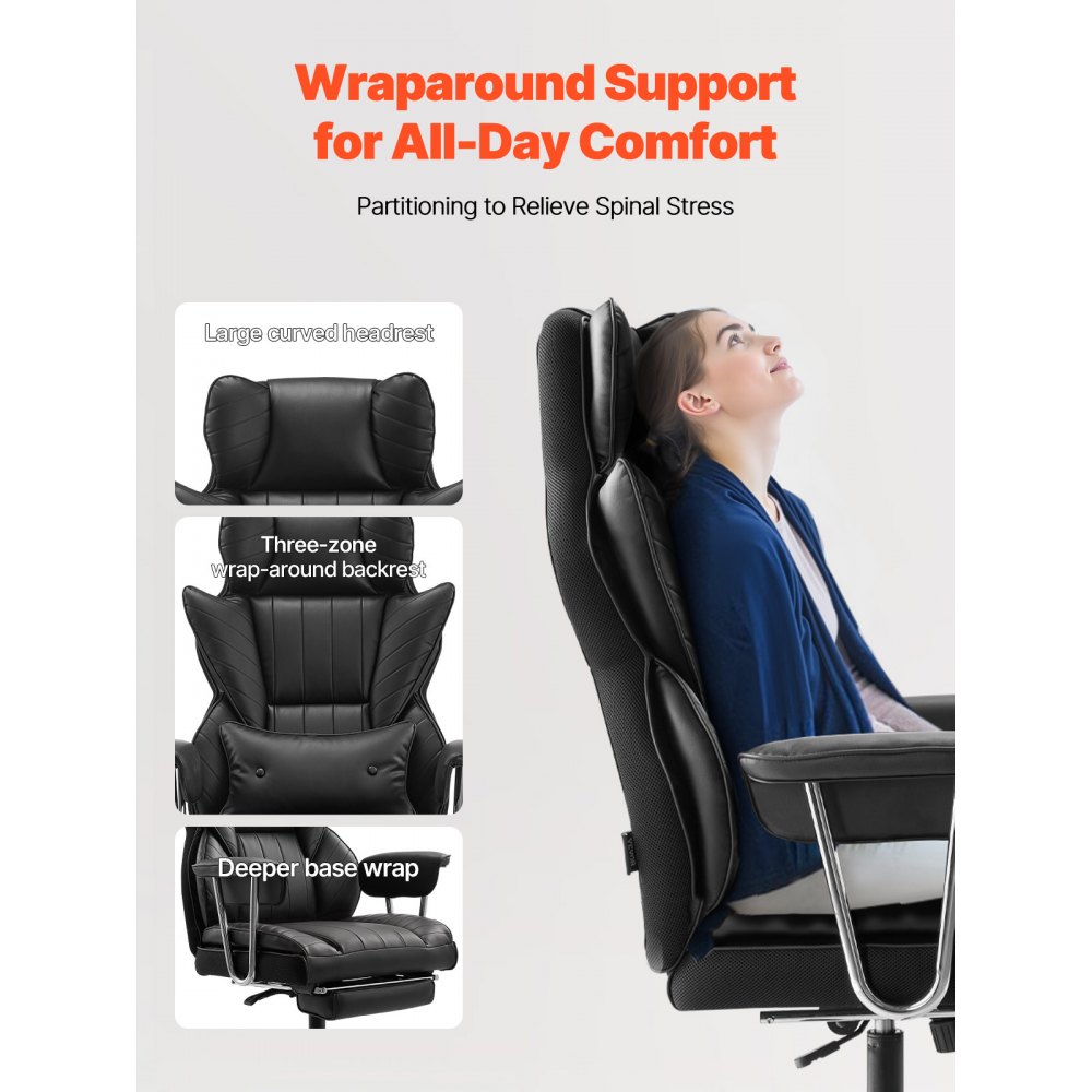 VEVOR Executive Office Chair, High Back Chair with Footrest and Removable Armrests, Ergonomic Desk Chair High-Resilience Foam Cushion, PU Leather Swivel Rolling Chair for Work, Study, Game, Black