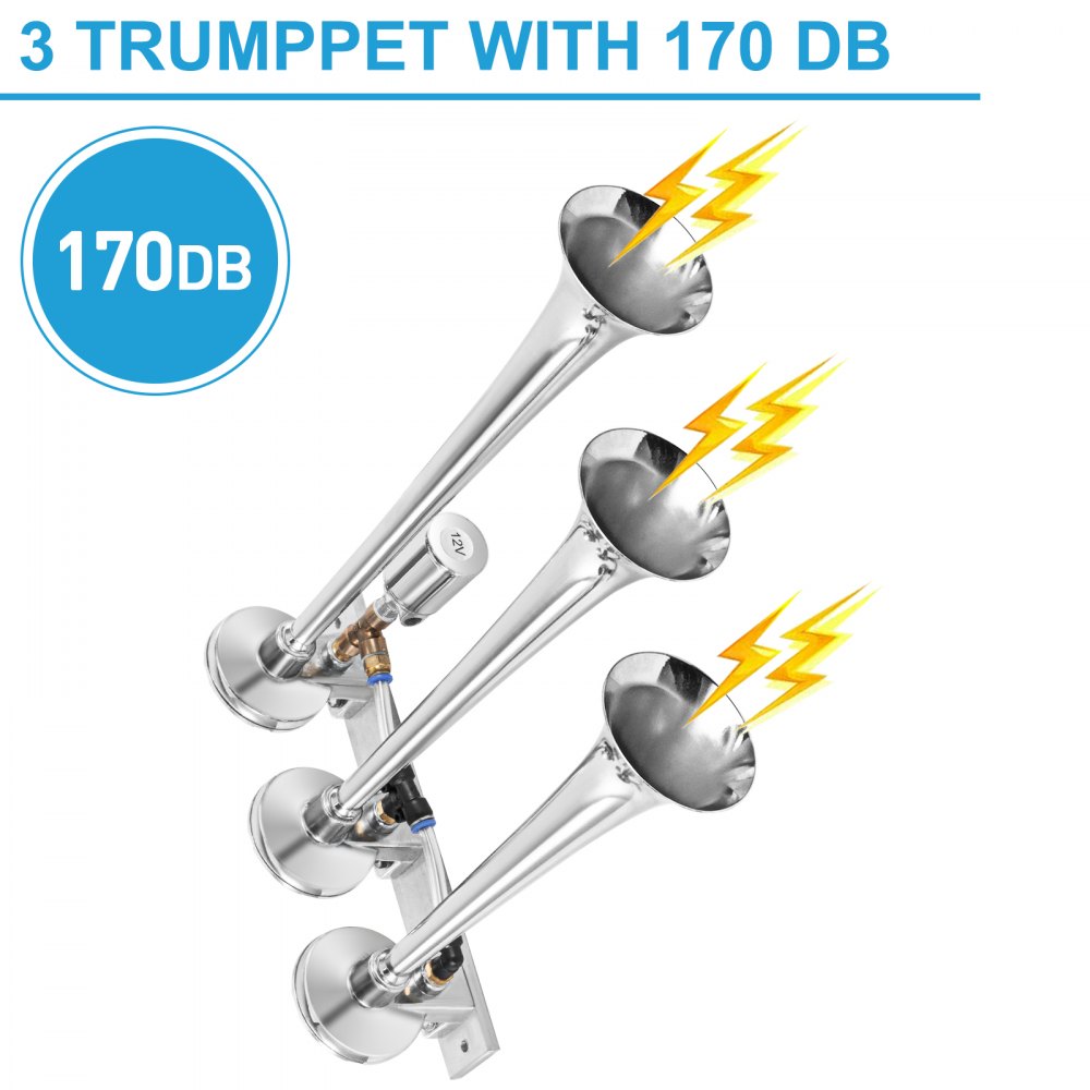 VEVOR Super Loud Train Air Horn Kit 3 Trumpet with Dual 200 PSI Air Compressors