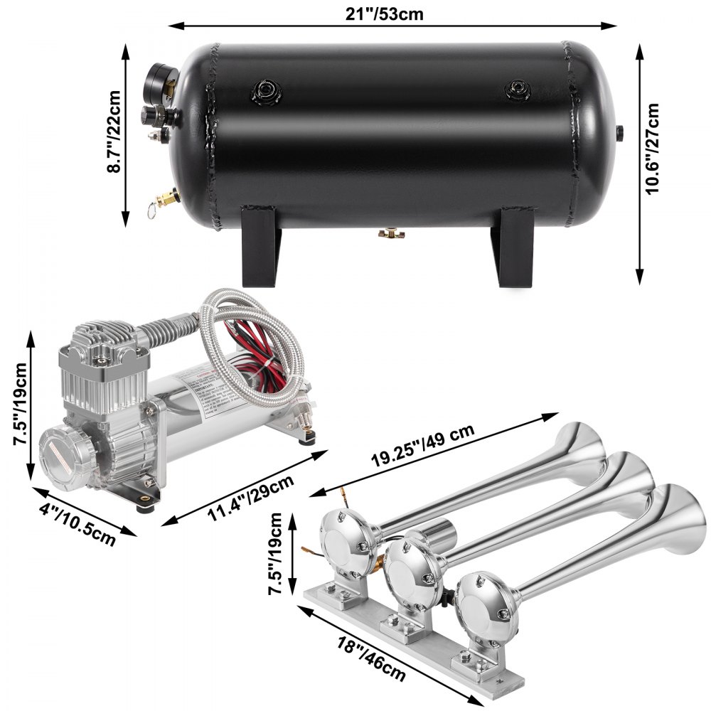 VEVOR Super Loud Train Air Horn Kit 3 Trumpet with Dual 200 PSI Air Compressors