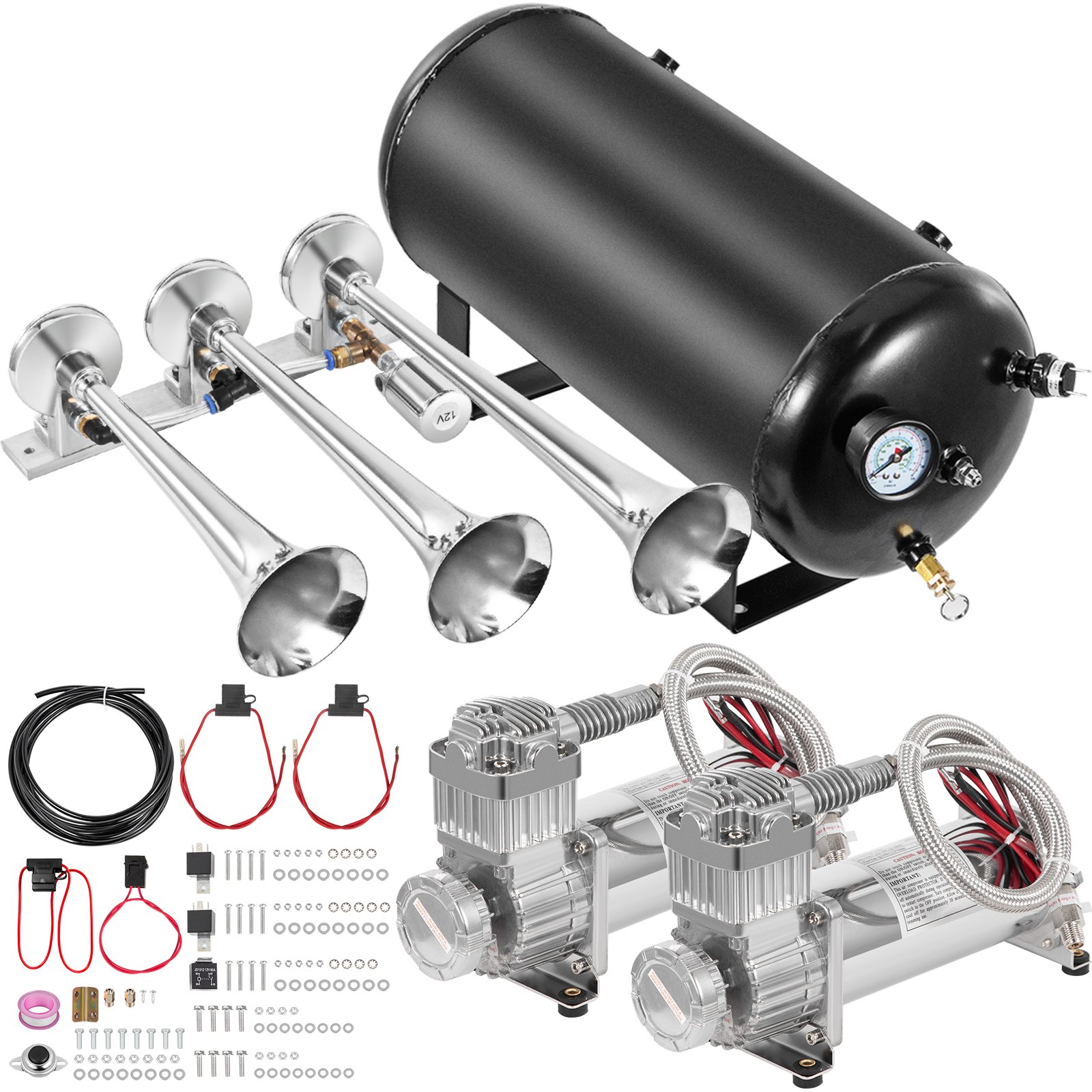 VEVOR Super Loud Train Air Horn Kit 3 Trumpet with Dual 200 PSI Air Compressors