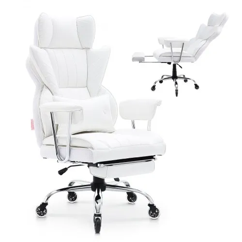 VEVOR Reclining Office Chair with Footrest, Heavy Duty PU Leather Wide Office Chair, Big and Tall Executive Office Chairs with Lumbar Support, Strong Metal Base Quiet Wheels, White