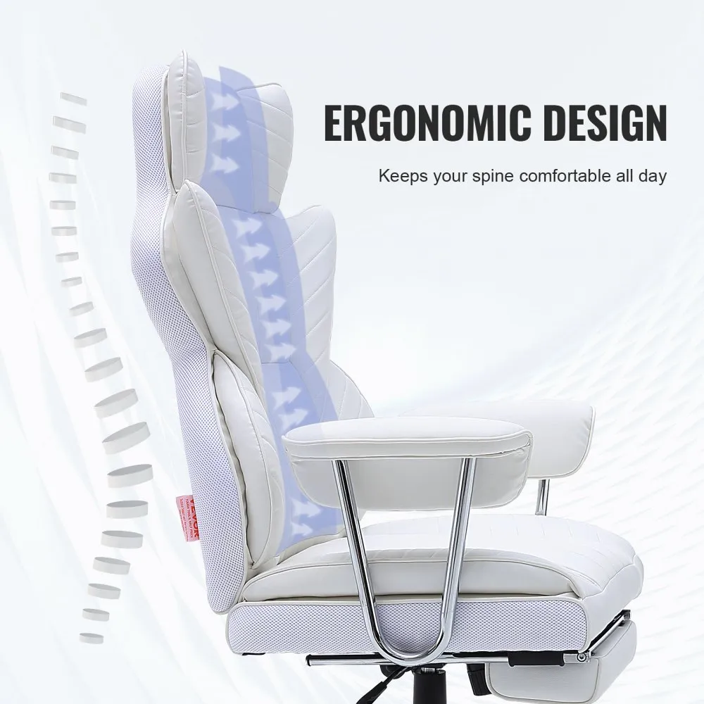 ergonomic VEVOR reclining office chair with lumbar support and white cushioned design.