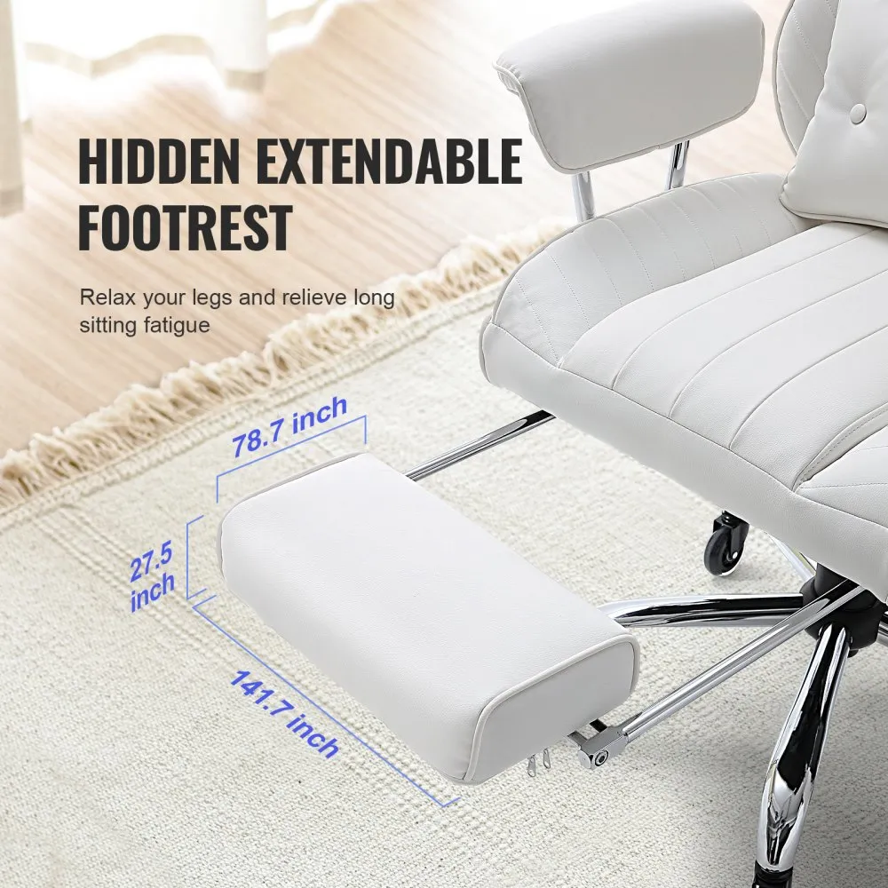 VEVOR reclining office chair with hidden extendable footrest, white leather design on carpeted floor.