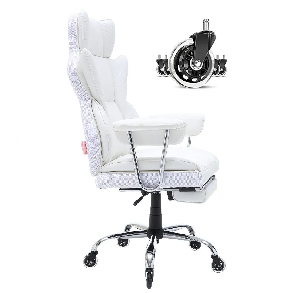 white VEVOR reclining office chair with ergonomic design, cushioned seat, and adjustable armrests.