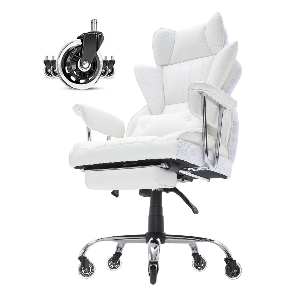 white VEVOR reclining office chair with adjustable armrests, cushioned seat, and smooth rolling wheels.