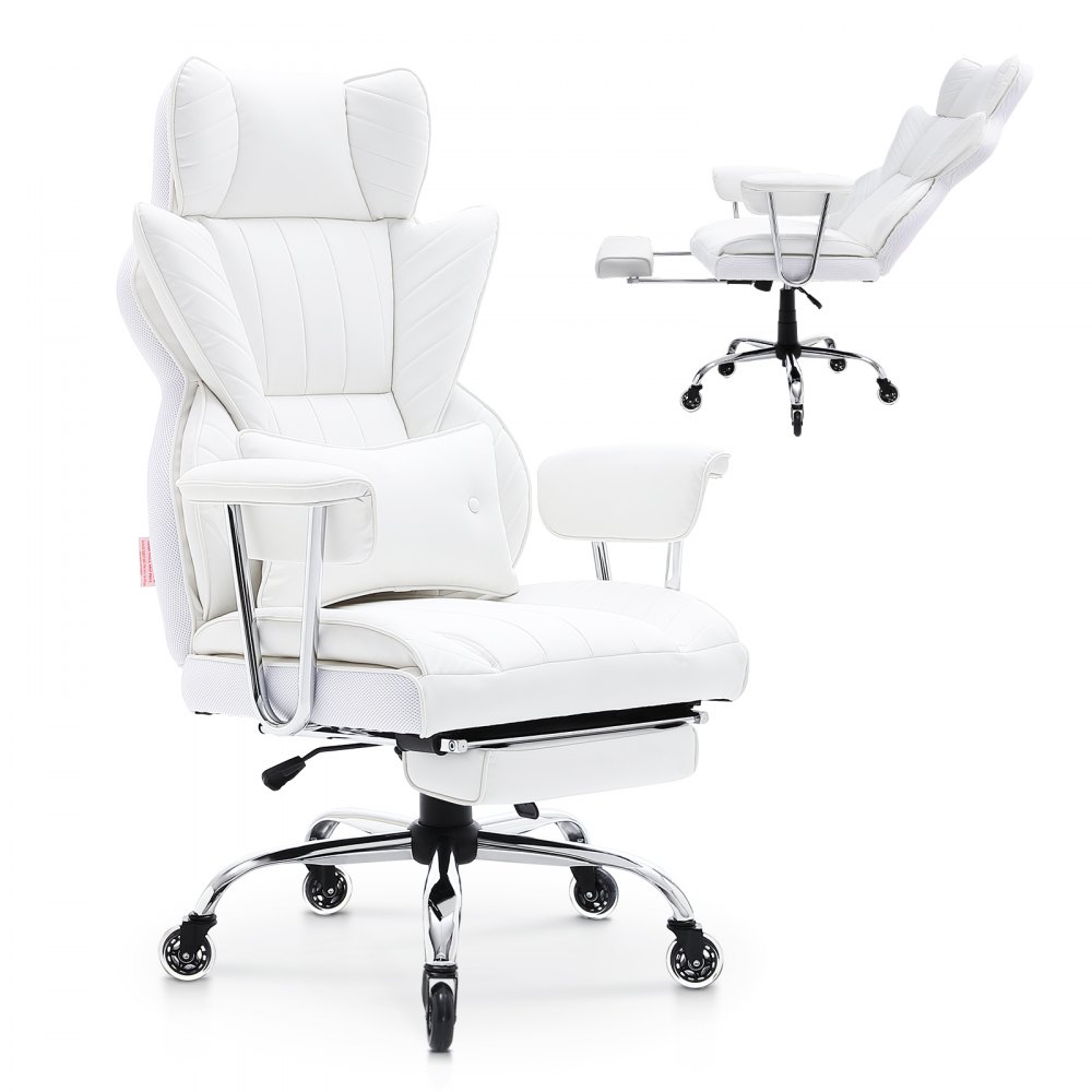 white VEVOR reclining office chair with adjustable armrests, ergonomic backrest, and reclining footrest.