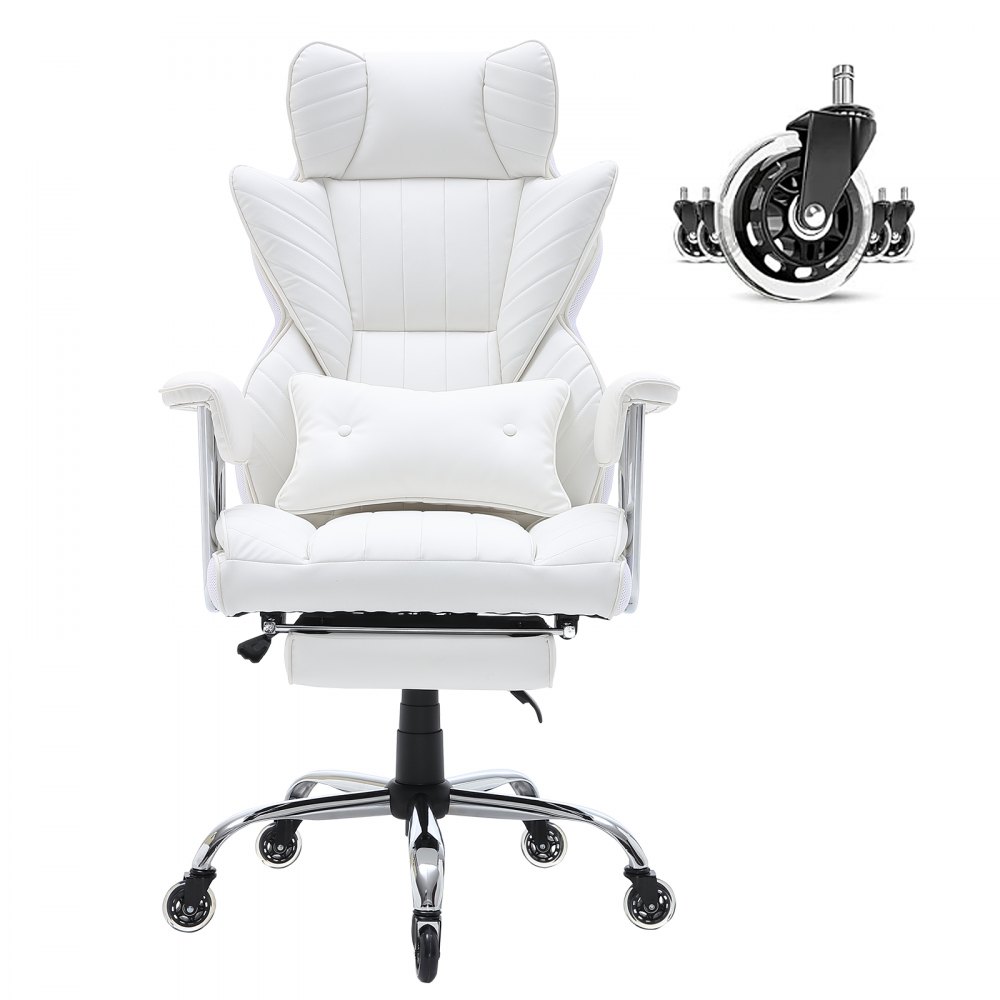white VEVOR reclining office chair with cushioned backrest, adjustable armrests, and durable caster wheels.