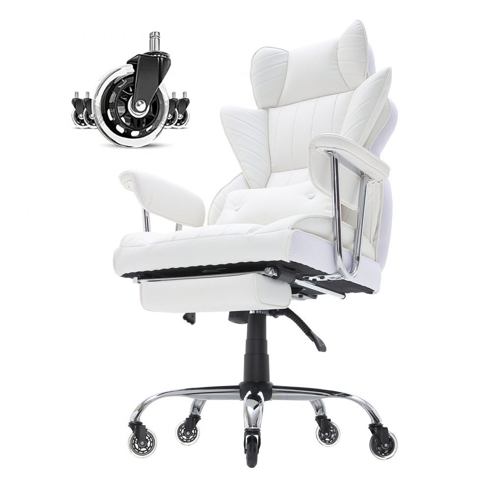 white VEVOR reclining office chair with adjustable armrests, cushioned seat, and smooth rolling wheels.