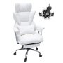 white VEVOR reclining office chair with footrest, padded cushion, and chrome base, plus caster wheels.