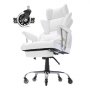 white VEVOR reclining office chair with adjustable armrests, cushioned seat, and smooth rolling wheels.