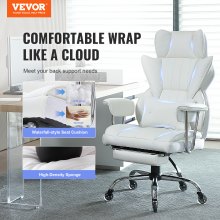 Cadeira de escritório reclinável VEVOR com apoio para os pés, cadeira de escritório larga de couro PU resistente, cadeiras de escritório executivas grandes e altas com apoio lombar, rodas silenciosas de base de metal forte, branca