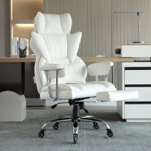 VEVOR tilbagelænet kontorstol med fodstøtte, kraftig PU-læder bred kontorstol, store og høje kontorstole med lændestøtte, stærk metalbase stille hjul, hvid
