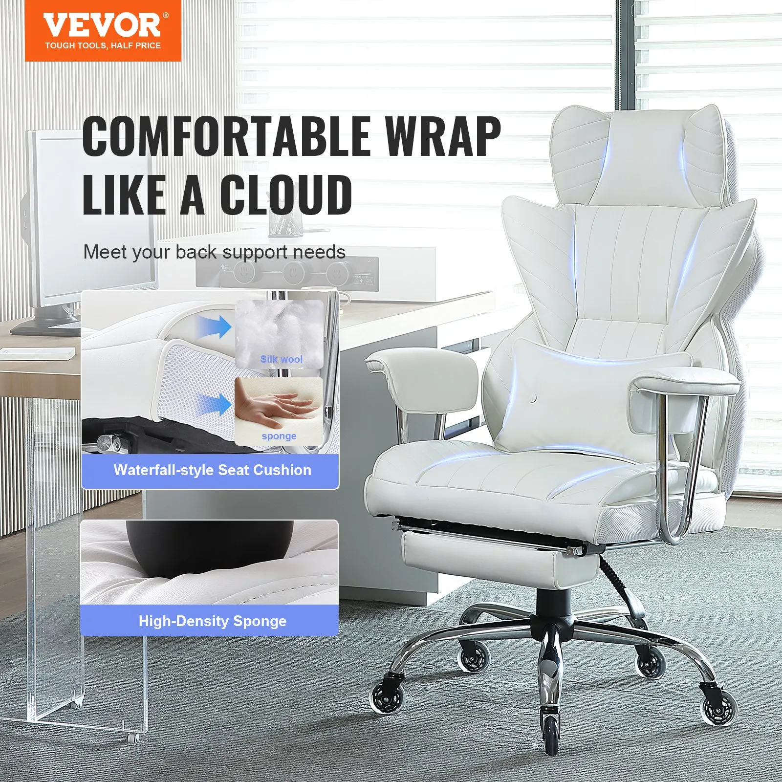 VEVOR reclining office chair with waterfall-style seat cushion and high-density sponge for ultimate comfort.
