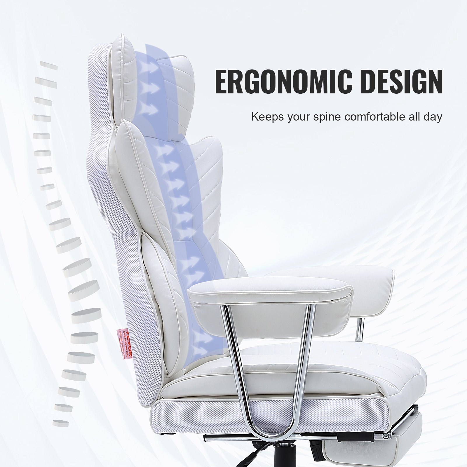 ergonomic VEVOR reclining office chair with lumbar support and white cushioned design.