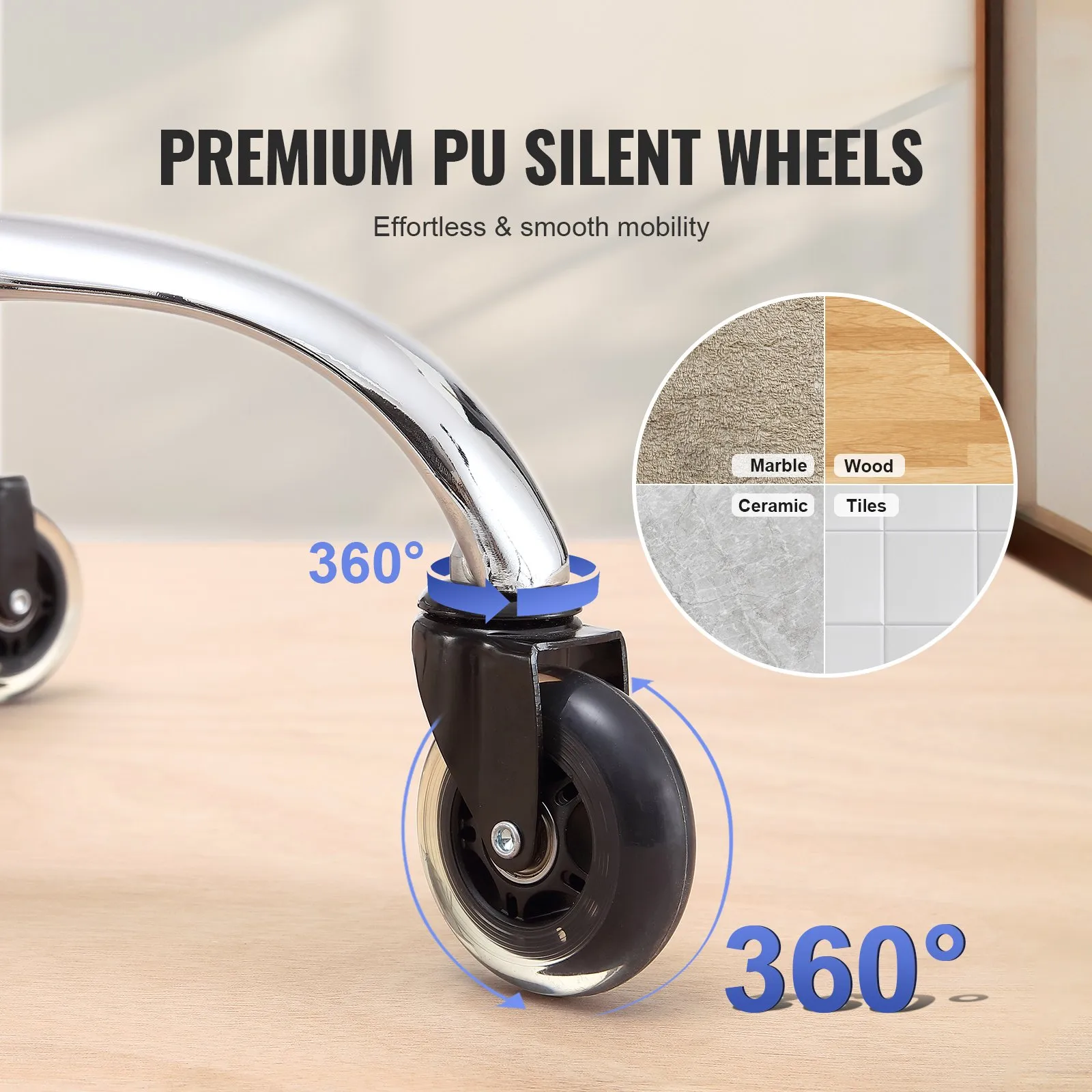 VEVOR reclining office chair features premium pu silent wheels for effortless mobility on various surfaces.