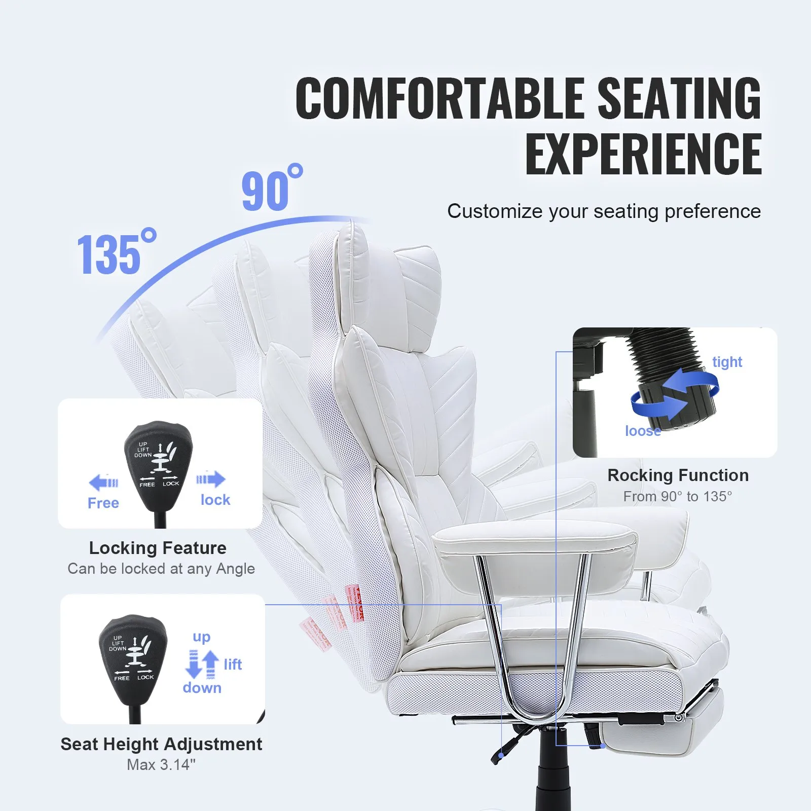 VEVOR reclining office chair showing adjustable reclining positions, locking feature, and seat height adjustment.
