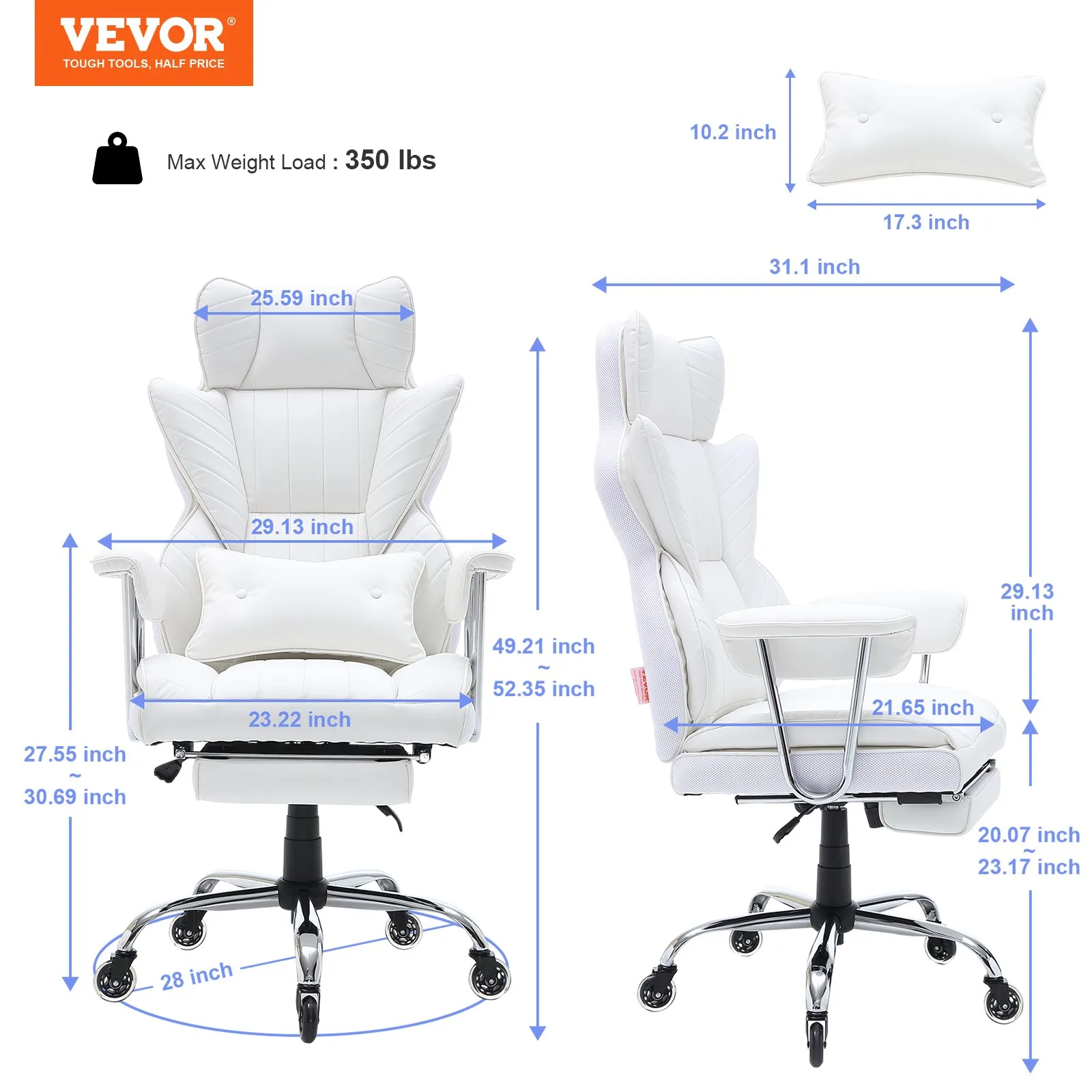 VEVOR reclining office chair in white with dimensions and max weight load of 350 lbs.