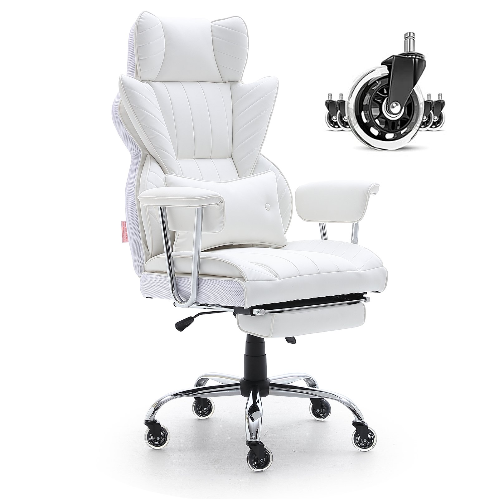 white VEVOR reclining office chair with adjustable armrests, ergonomic backrest, and reclining footrest.