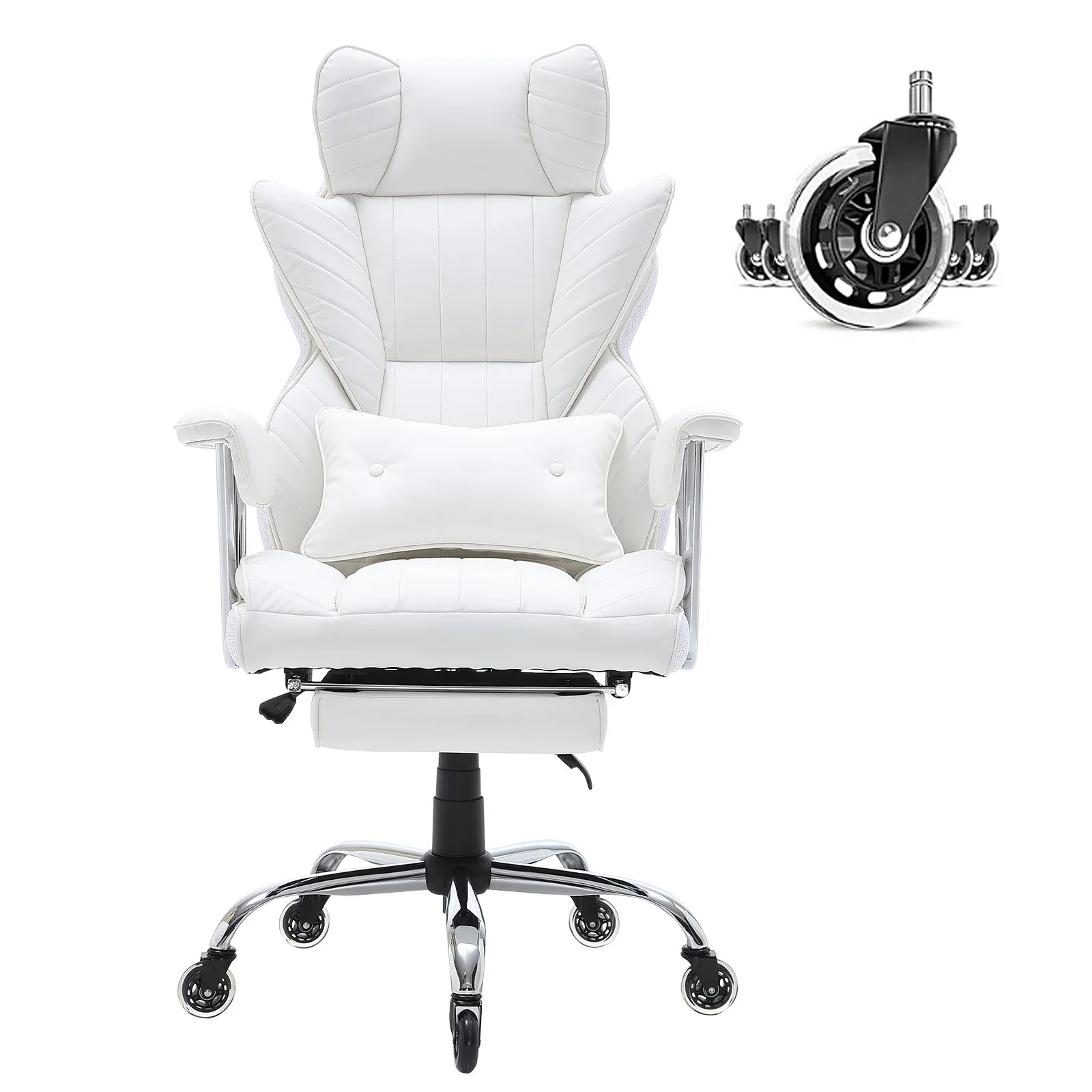 white VEVOR reclining office chair with cushioned backrest, adjustable armrests, and durable caster wheels.