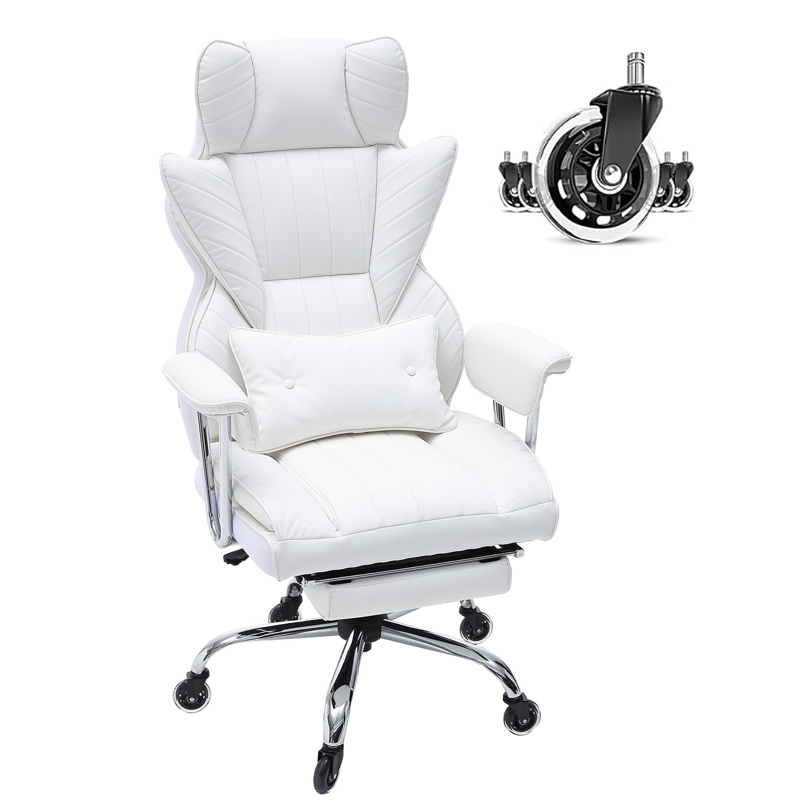 white VEVOR reclining office chair with footrest, padded cushion, and chrome base, plus caster wheels.