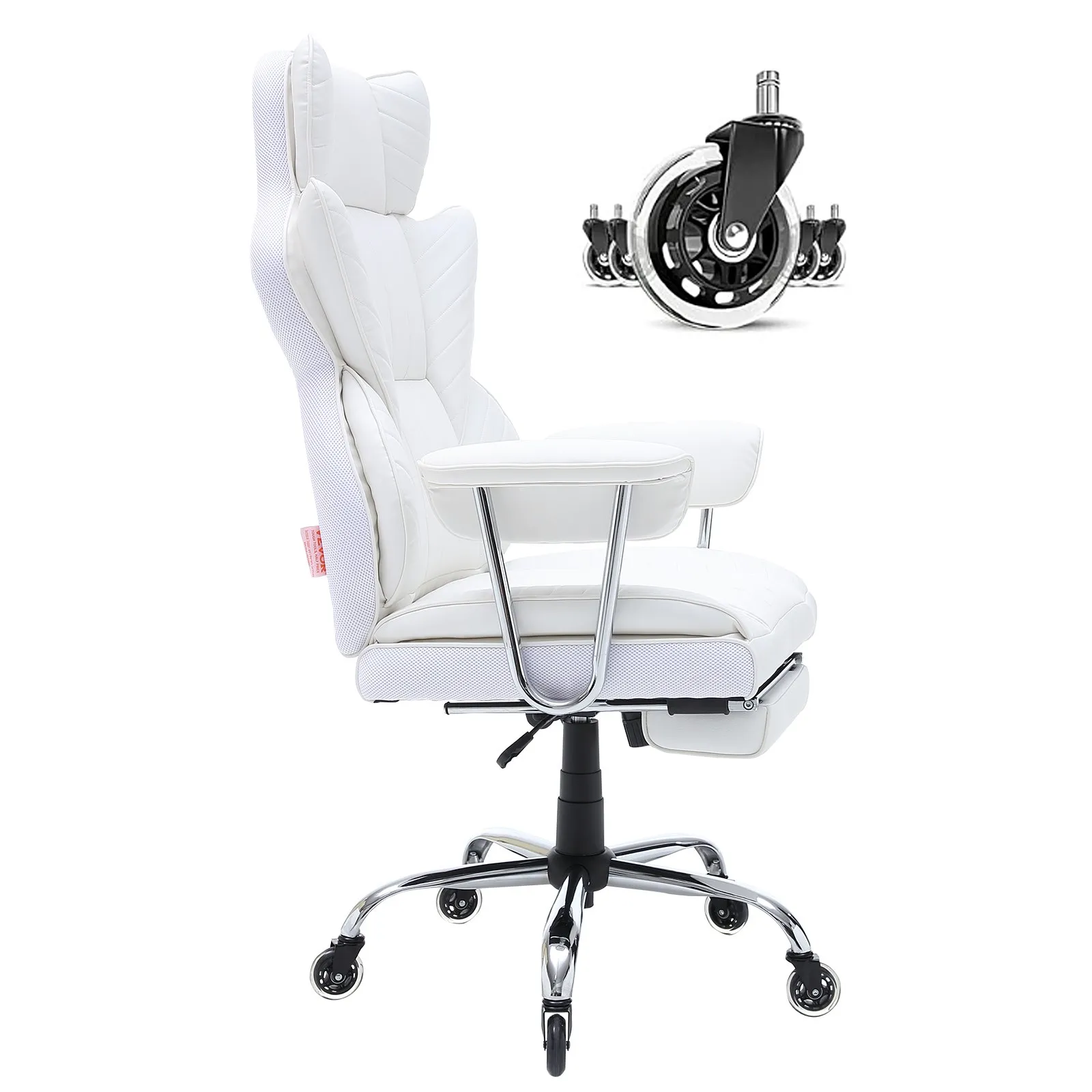 white VEVOR reclining office chair with ergonomic design, cushioned seat, and adjustable armrests.