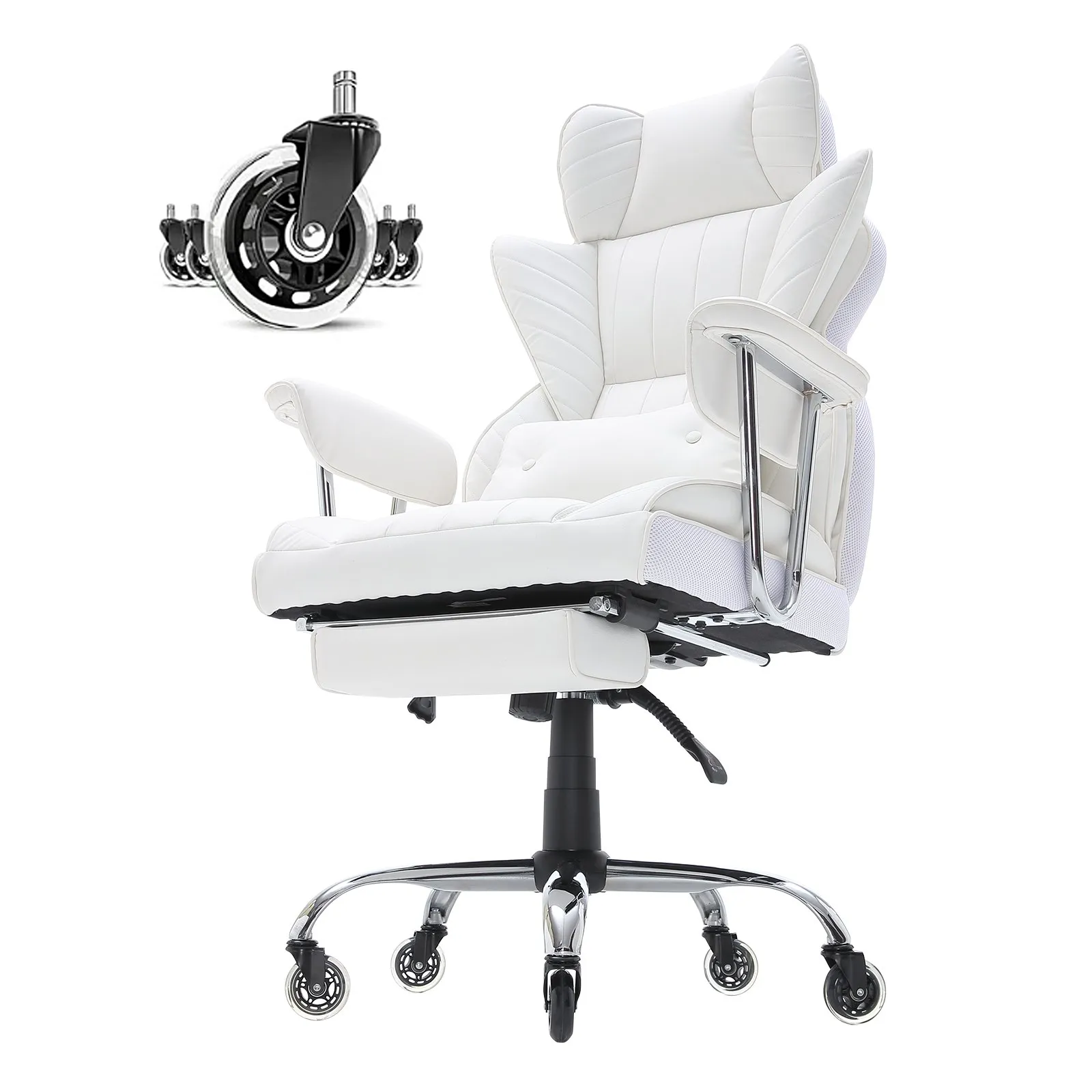 white VEVOR reclining office chair with adjustable armrests, cushioned seat, and smooth rolling wheels.