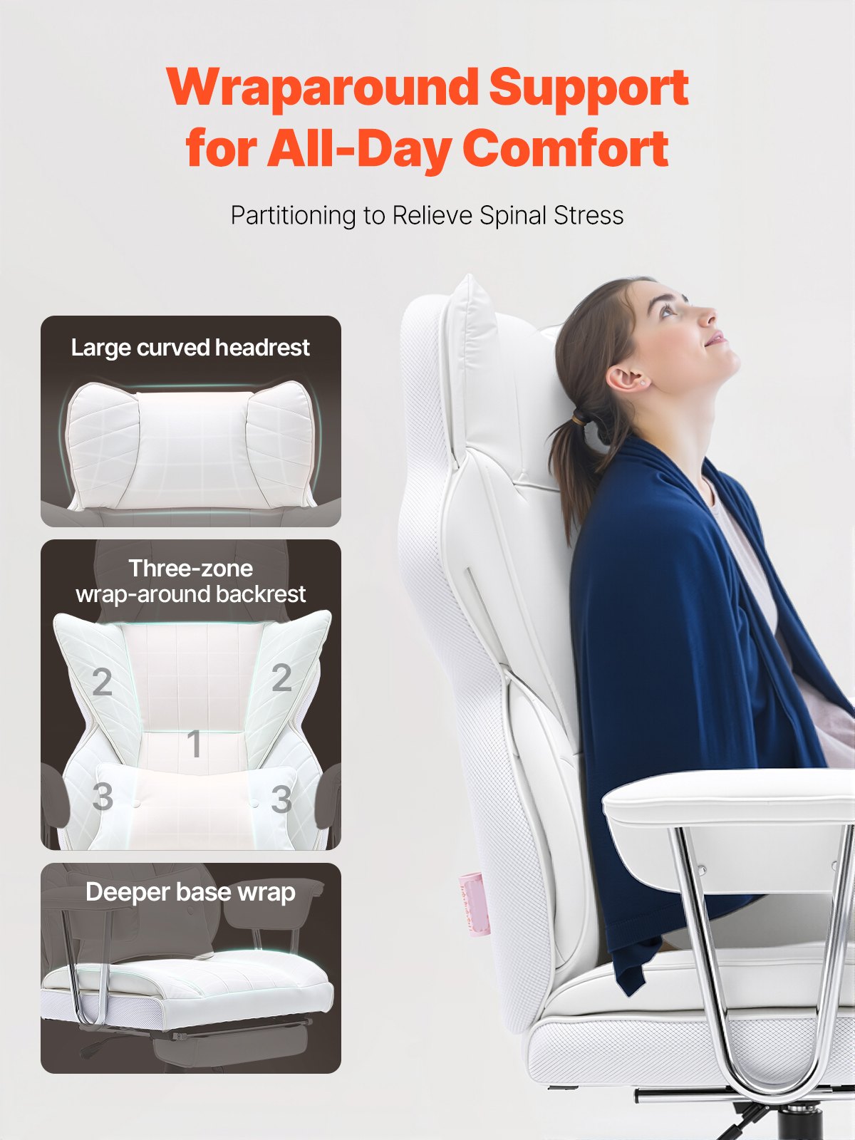 VEVOR reclining office chair with hidden extendable footrest, white leather design on carpeted floor.