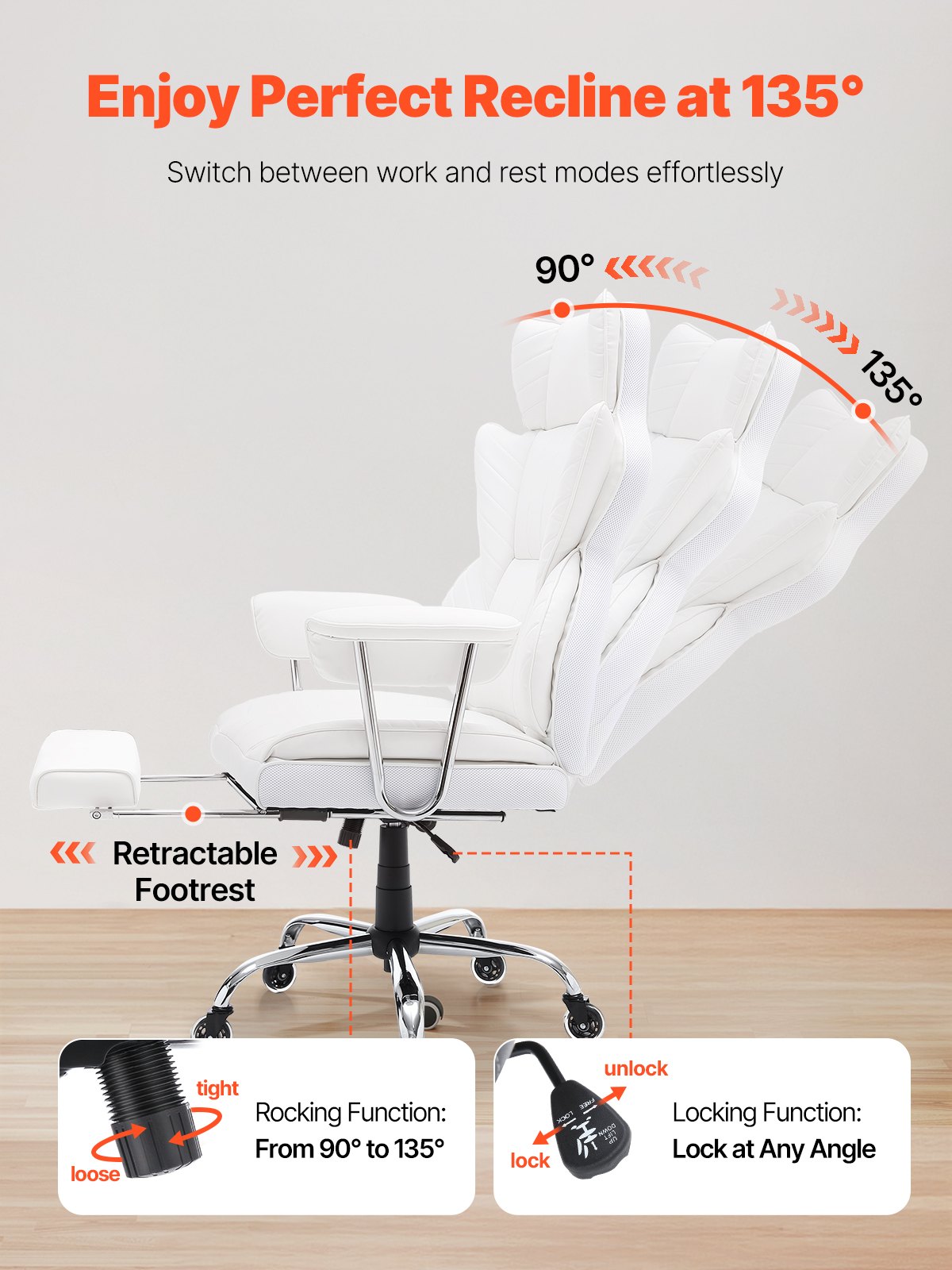 VEVOR reclining office chair features premium pu silent wheels for effortless mobility on various surfaces.