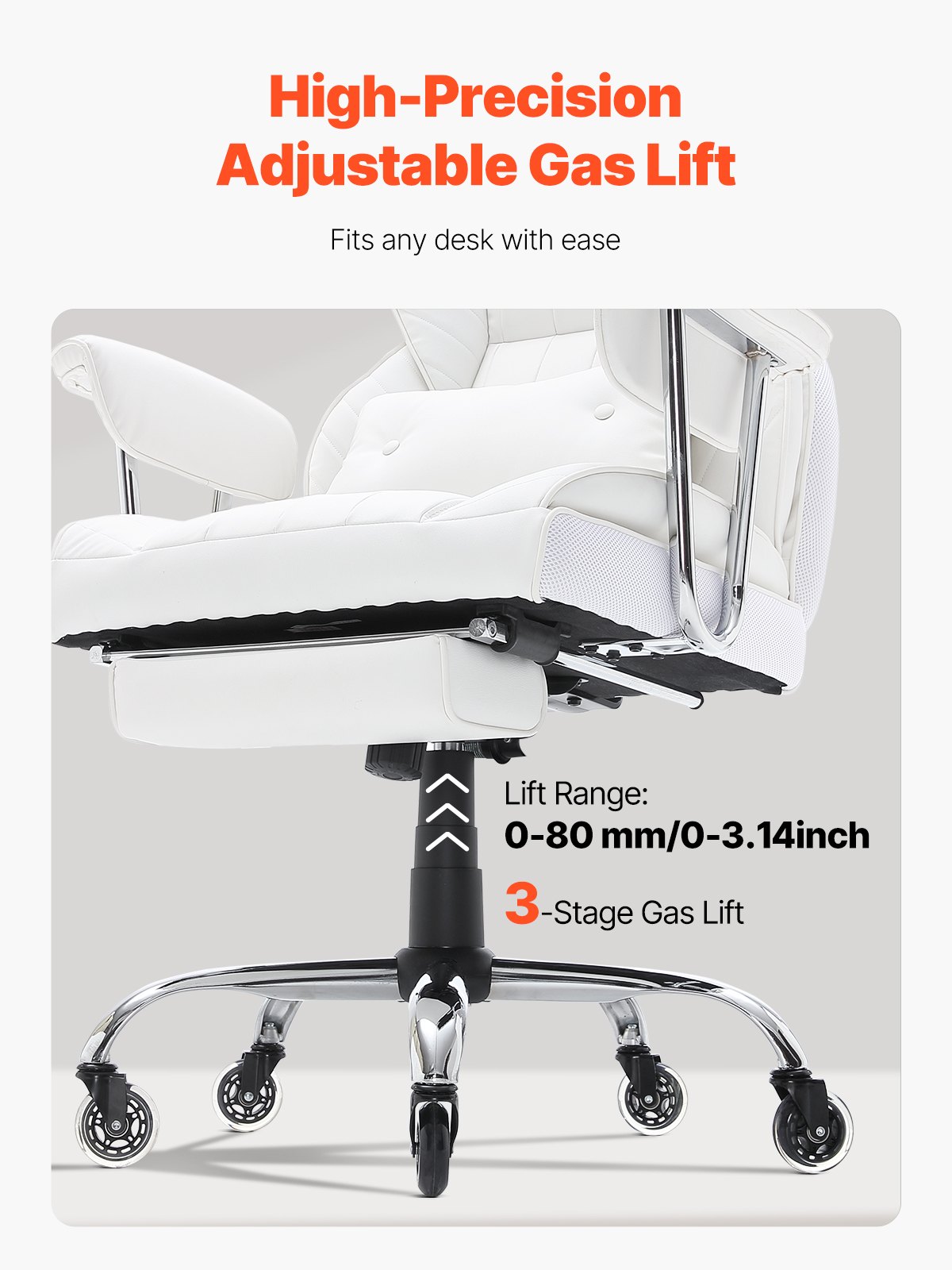 VEVOR reclining office chair showing adjustable reclining positions, locking feature, and seat height adjustment.