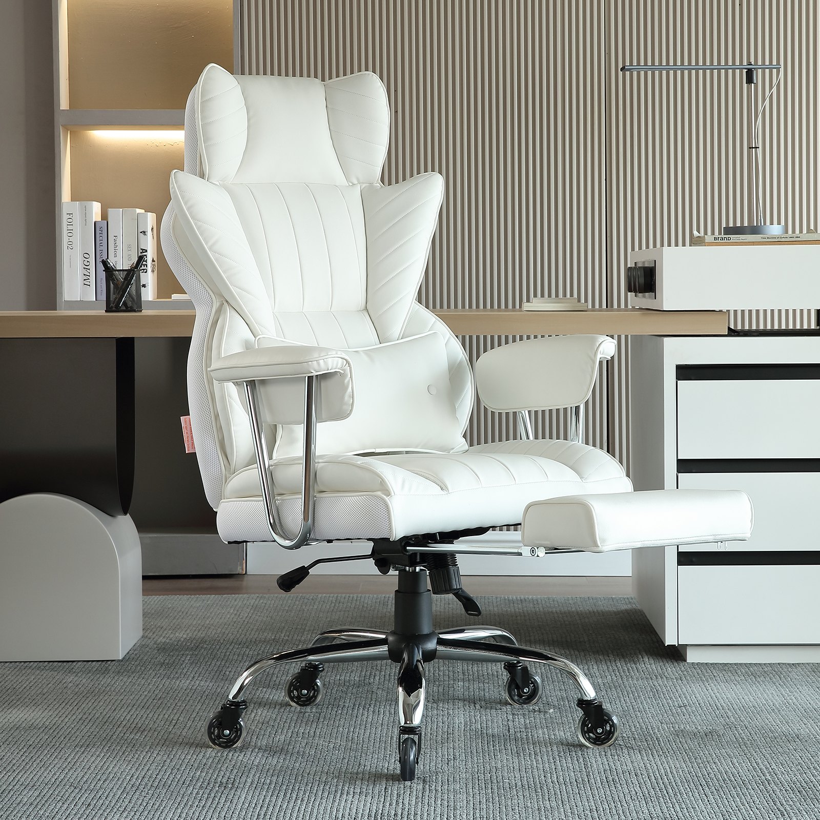 white VEVOR reclining office chair with footrest in modern office setting, near desk and shelves.