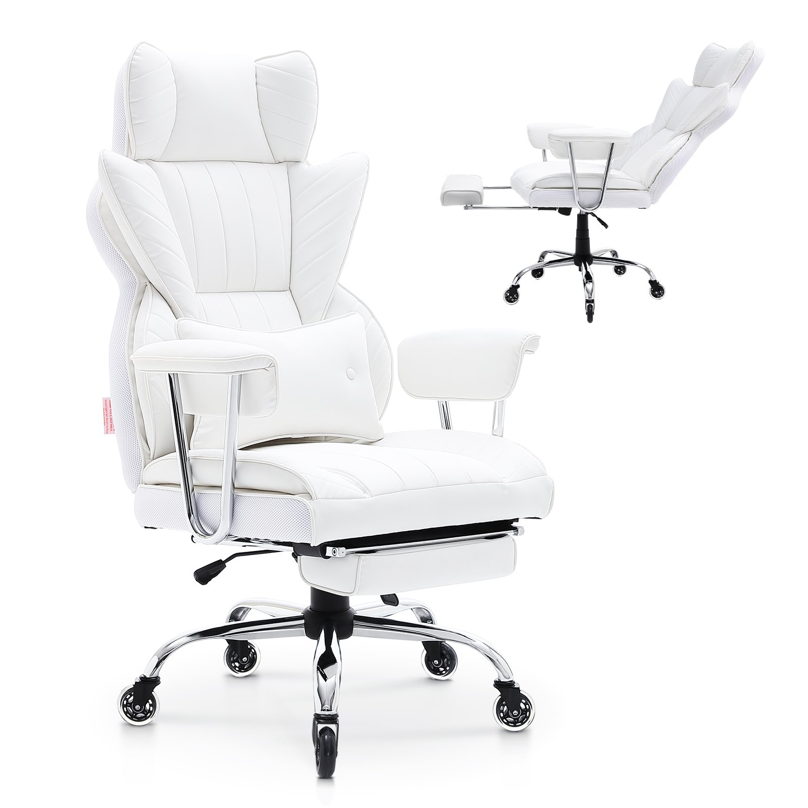 white VEVOR reclining office chair with adjustable armrests, ergonomic backrest, and reclining footrest.