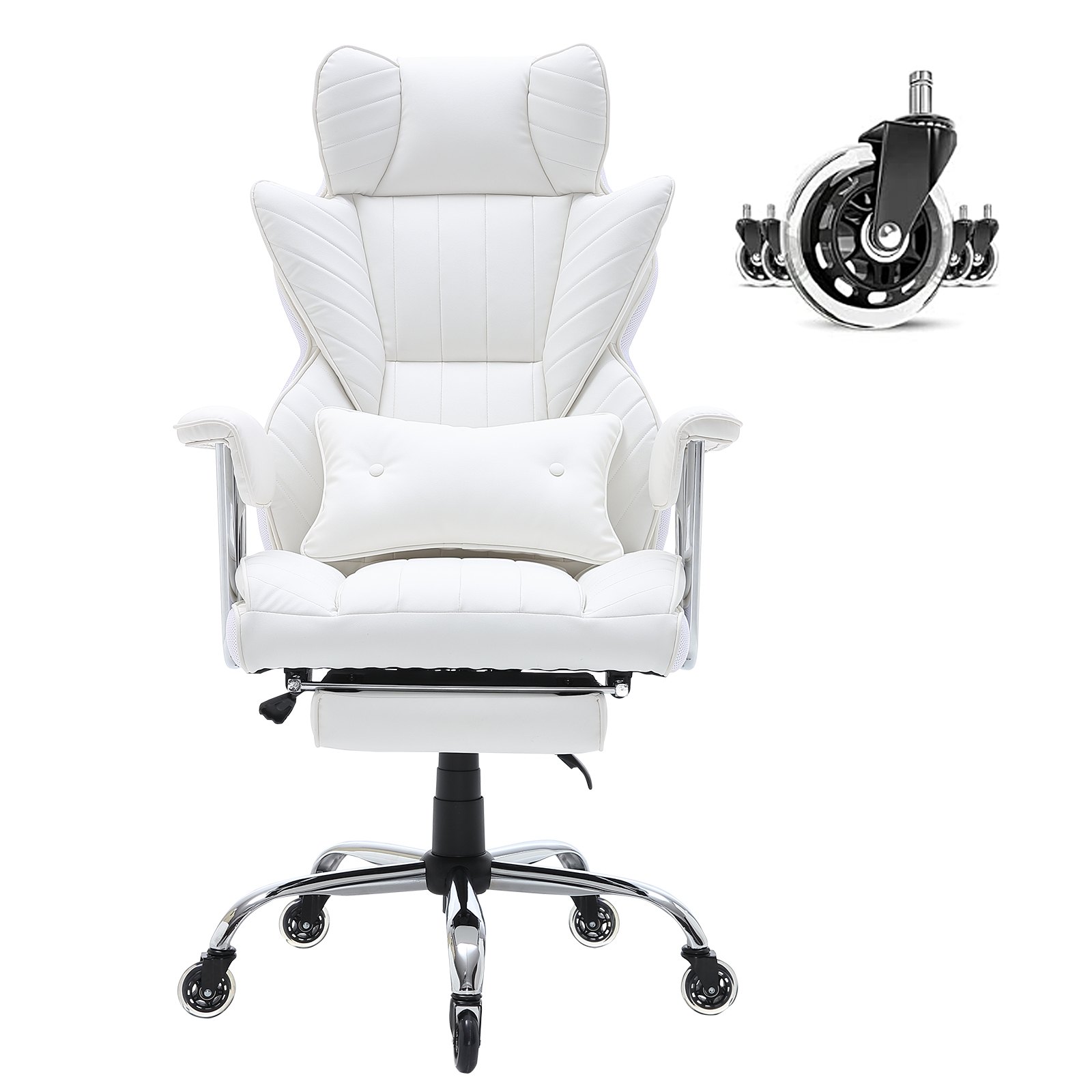 white VEVOR reclining office chair with cushioned backrest, adjustable armrests, and durable caster wheels.