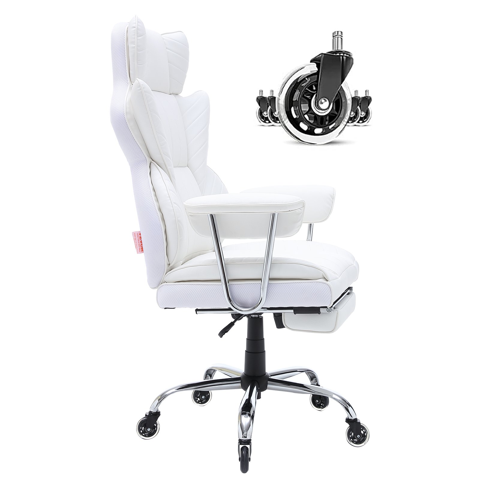 white VEVOR reclining office chair with ergonomic design, cushioned seat, and adjustable armrests.