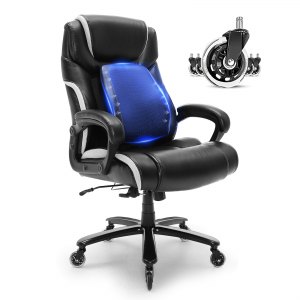 Ergonomic Office Chair With Footrest – High Back Executive Desk Chair With Lumbar Support Pillow, Wide Bonded Leather Seat (Black)