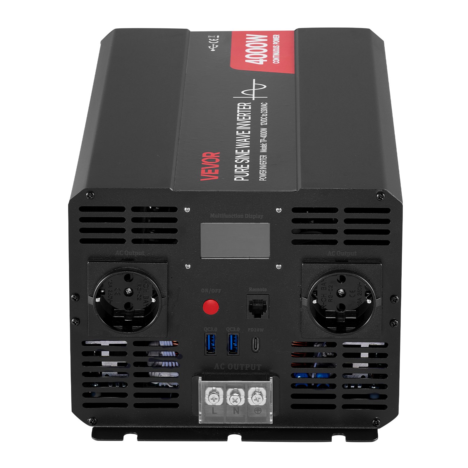 VEVOR 4000W Power Inverter, 12V DC to 230V AC Pure Sine Wave Inverter, Solar Car Charger Converter with LCD Display, Remote Control, 2 USB Ports, 2 AC Outlets, Type-C Port, for RV, Truck Outdoor