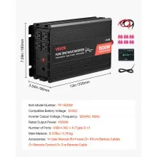 VEVOR 1500W Power Inverter, 12V DC to 120V AC Pure Sine Wave Inverter, Car Charger Converter with Remote Control, USB & Type-C Ports, 4 AC Outlets, Fast-charging for RV, Truck Outdoor Camping