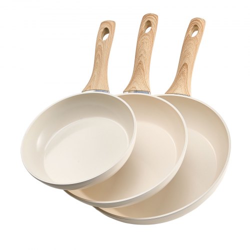 VEVOR Frying Pan Skillet, Aluminum Egg Fry Pans, 3 Piece (8, 9.5, 11 in), Nonsitck Ceramic Heavy-Duty Skillets with Heat-Resistant Handle, Chef's Kitchen Cookware for Gas, Electric, Induction, Beige