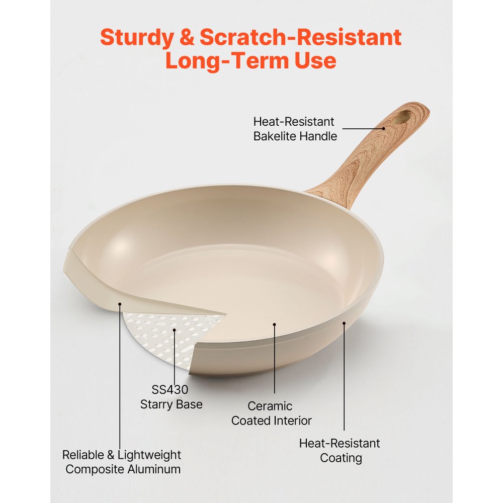 VEVOR Frying Pan Skillet, Aluminum Egg Fry Pans, 3 Pcs (200, 240, 280 mm), Nonsitck Ceramic Heavy-Duty Skillets with Heat-Resistant Handle, Chef's Kitchen Cookware for Gas, Electric, Induction, Beige