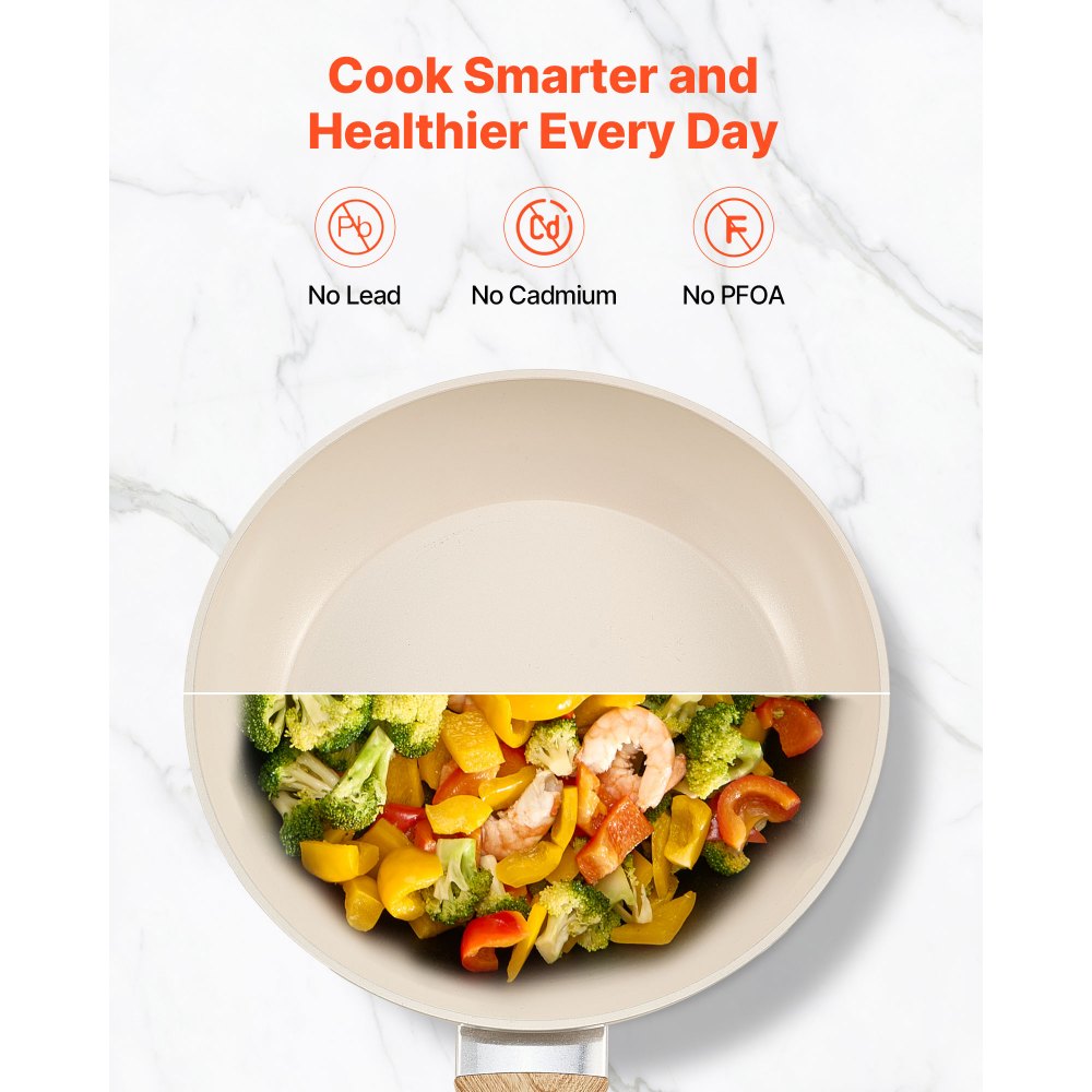 VEVOR Frying Pan Skillet, Aluminum Egg Fry Pans, 3 Pcs (200, 240, 280 mm), Nonsitck Ceramic Heavy-Duty Skillets with Heat-Resistant Handle, Chef's Kitchen Cookware for Gas, Electric, Induction, Beige