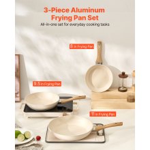 3 Piece Frying Pan Aluminum Skillet Set 8 9.5 11 in Handle Pre-Seasoned Beige