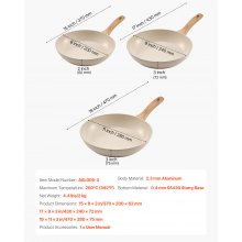 3 Piece Frying Pan Aluminum Skillet Set 8 9.5 11 in Handle Pre-Seasoned Beige