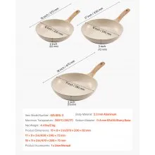 3 Piece Frying Pan Aluminum Skillet Set 8 9.5 11 in Handle Pre-Seasoned Beige