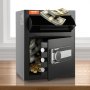 VEVOR depository safe with open door, bundles of cash, and gold bars on a wooden table.